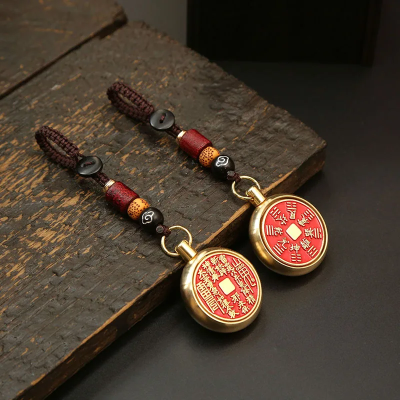Chinese Style Talisman keyring Brass Gourd Five Emperors Money Keychain Metal Fengshui Pendant key ring Couple bag Car key Chain