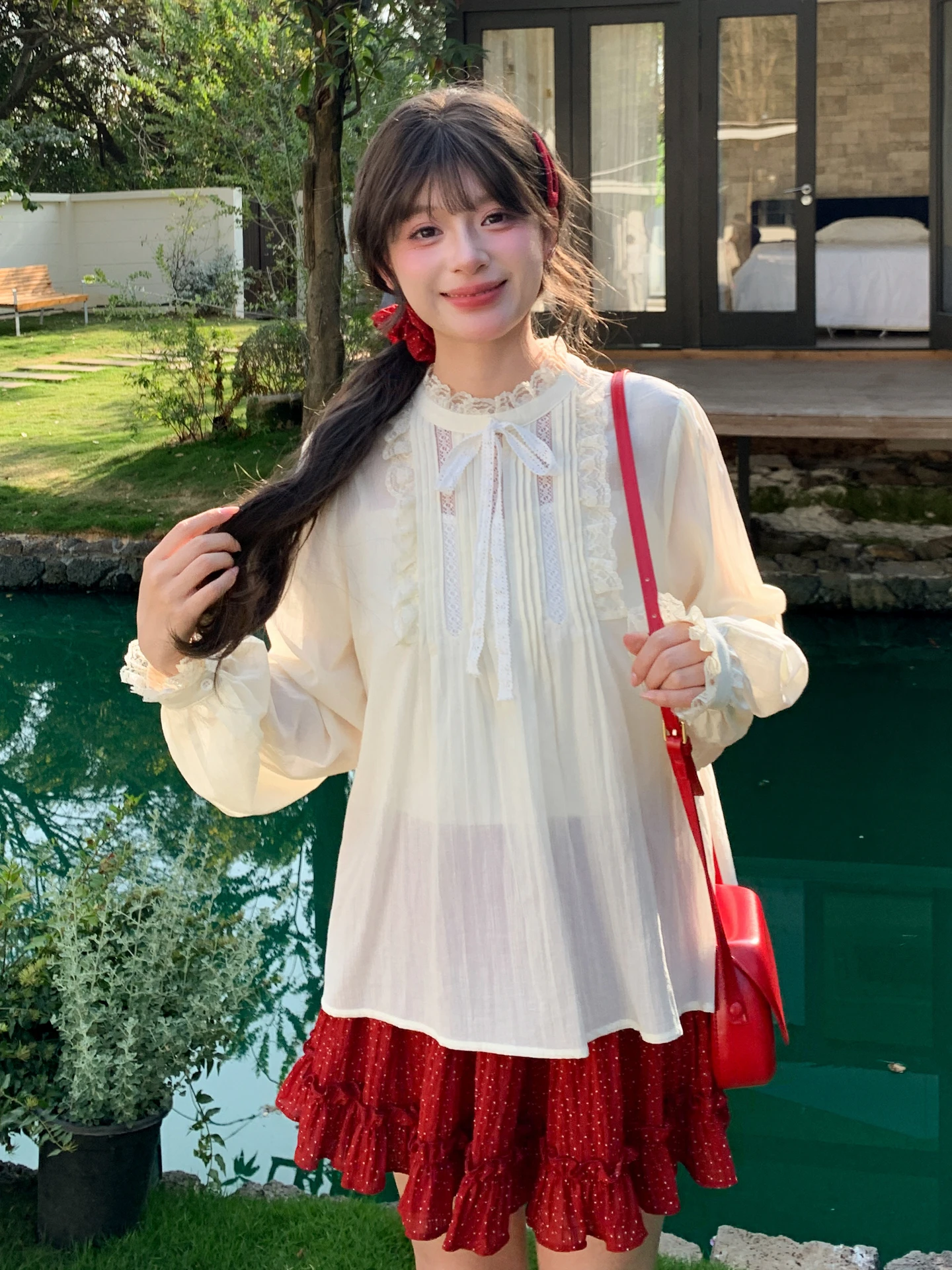 

Sweet Style Lace Chiffon Shirt Women's Bow Tie Stand Collar Versatile Top Summer Fashionable Cotton Long Sleeve Casual Wear