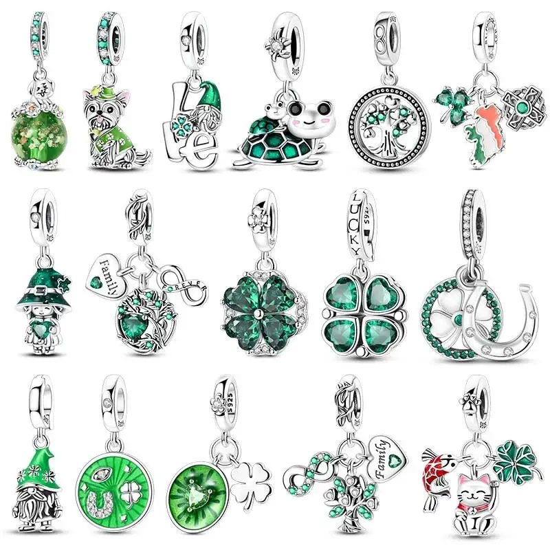 Hapilife 925 Sterling Silver Green Lucky Zircon Four-Leaf Charms Cute Dog Beads Fit Bracelet DIY Jewelry Original Women Gifts