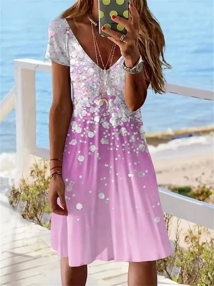 2024 Nowa sukienka damska z krótkim rękawem Letnia sukienka Pullover Fashion Plus-Size Casual Loose V-Neck Ladies Summer Print Party Dress