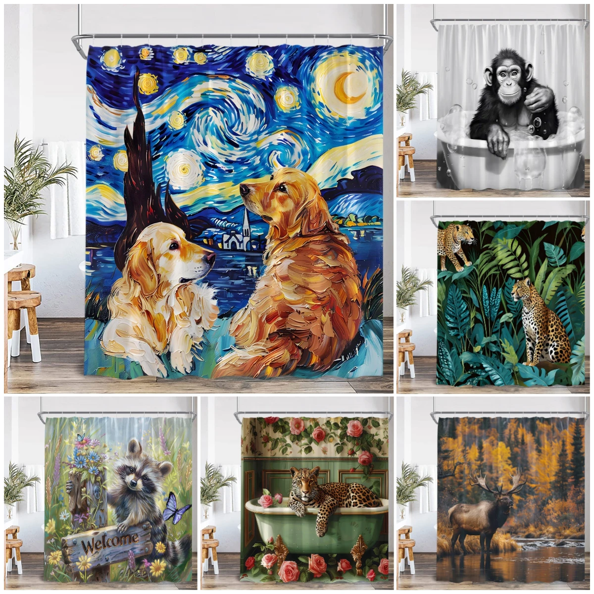 

Funny Animals Shower Curtain Bathing Animal Chimpanzee Deer Elk Cat Dog Leopard Bear Bathtub Decor Modern Polyester Bath Curtain