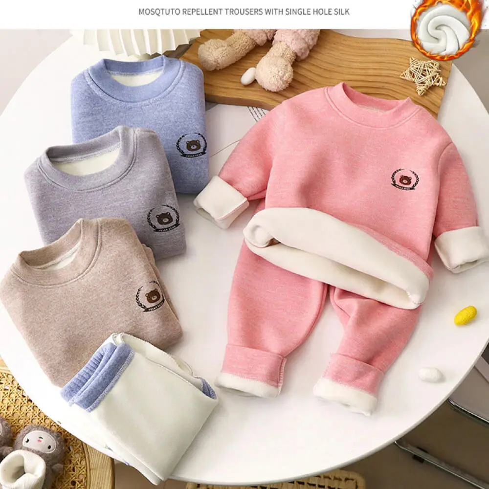 الشتاء الأطفال الملابس الدافئة مجموعة ملابس الطفل إضافة الصوف سميكة الدفء طويلة الأكمام جولة الرقبة ملابس داخلية الطفل #2