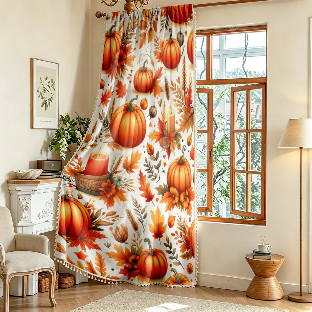 1PC Thanksgiving Fall Tassel Sheer Curtains, Pumpkin Maple Leaf Candle, Digital Print, Polyester, Bedroom Living Room Home Decor