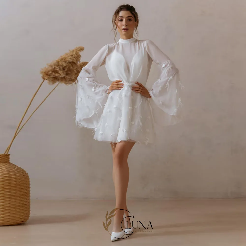 Luna Customized Simple Flare Sleeve Mini Wedding Dress A-Line Chiffon High Neck Illusion Backless Pleat Feathers Short Prom Gown