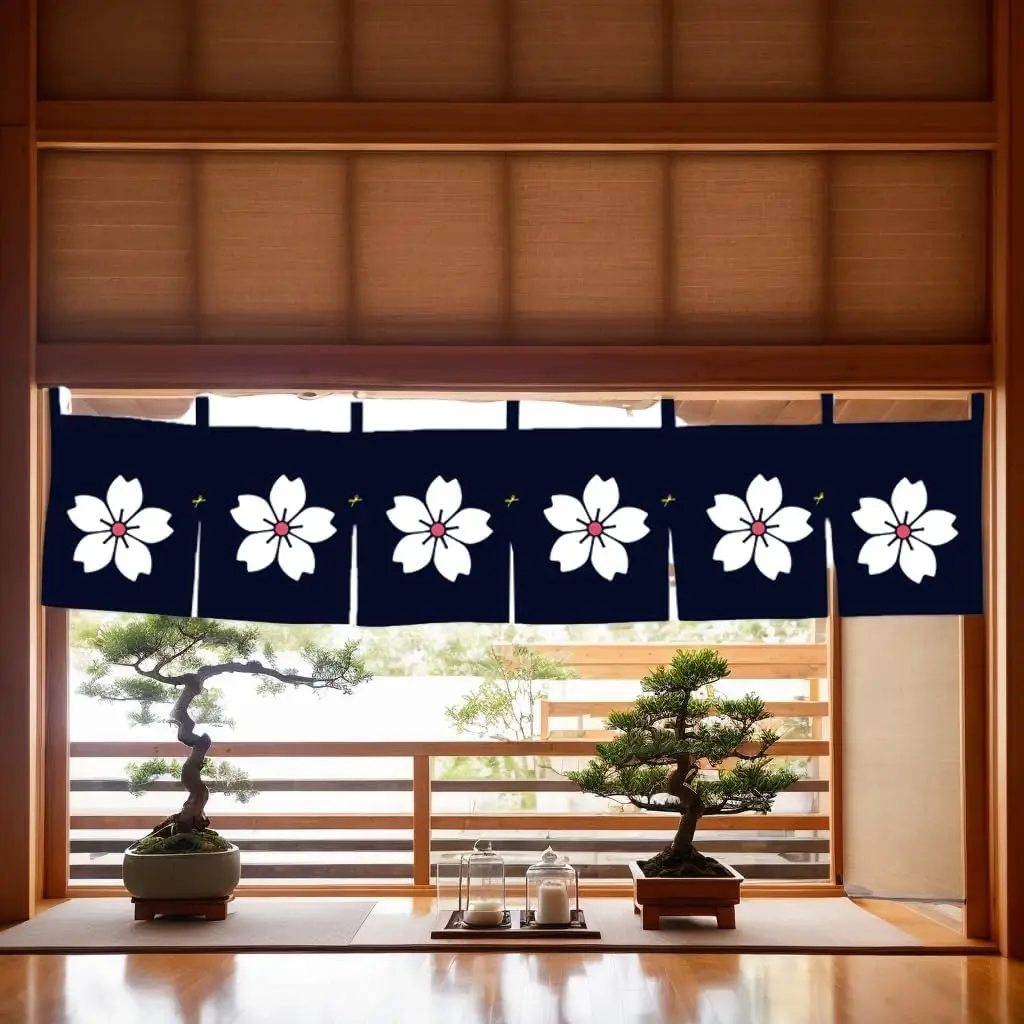 Japanese Noren Doorway Curtain, Cherry Blossom Printed Door Way Hanging Short Curtains for Sushi Bar Decor