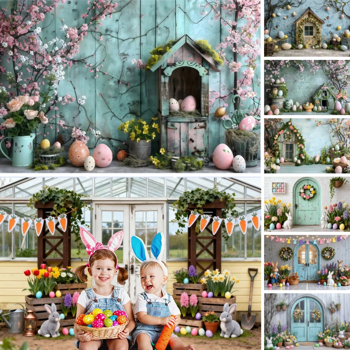 Spring Easter Photography Backdrops Wooden House Flowers Eggs Rabbits Baby Shower Kids Children Family Portrait Photo Background