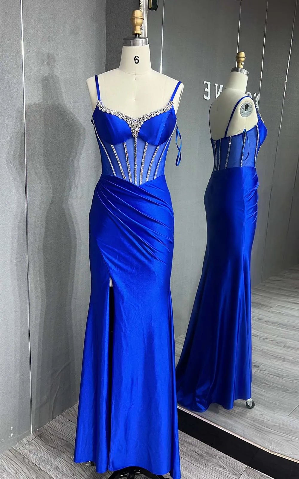 YQLNNE Royal Blue Satin Crystals Prom Dresses Long Slit Mermaid Evening Gown