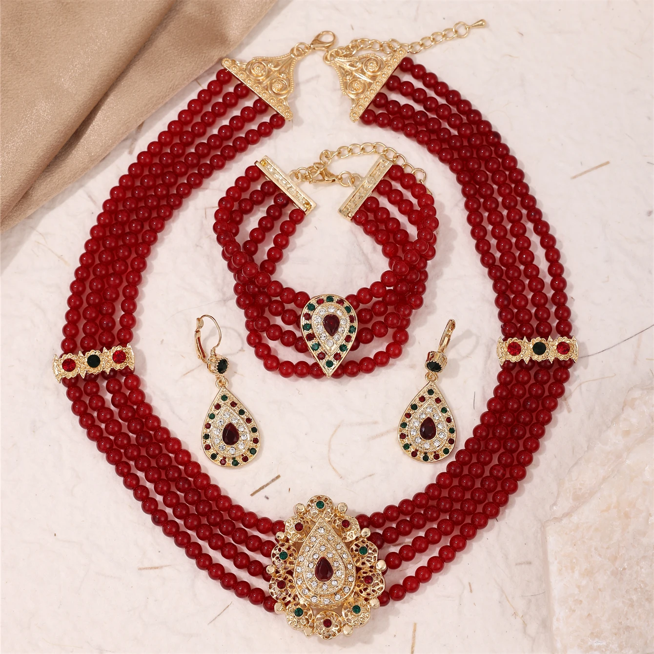 A Set Of Burgundy Beaded Jewelry Middle Eastern Women Party Wear jewels Necklace Earrings Bracelet 3-piece Set