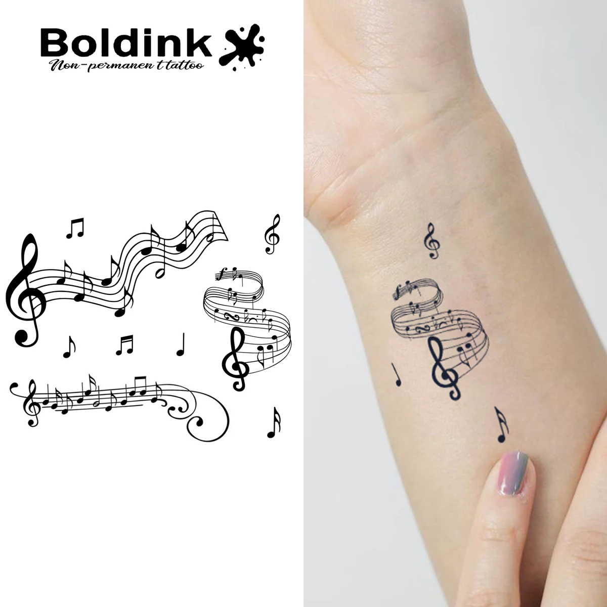 BOLDINK Unisex Waterproof Tattoo Stickers Music Symbols Sheet Music Trendy Versatile Lasting 1-2 Weeks with Color Retention