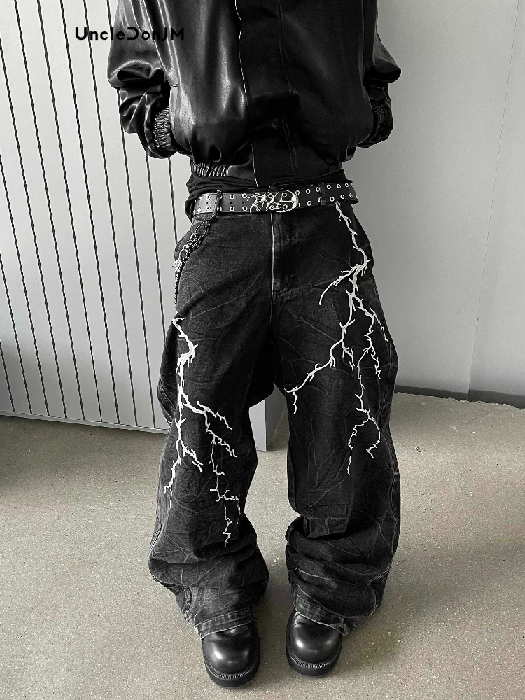 

Uncledonjm Lightning Embroidered Jeans Casual Street Wear Straight Jeans for Men Hip Hop Cargo Jeans