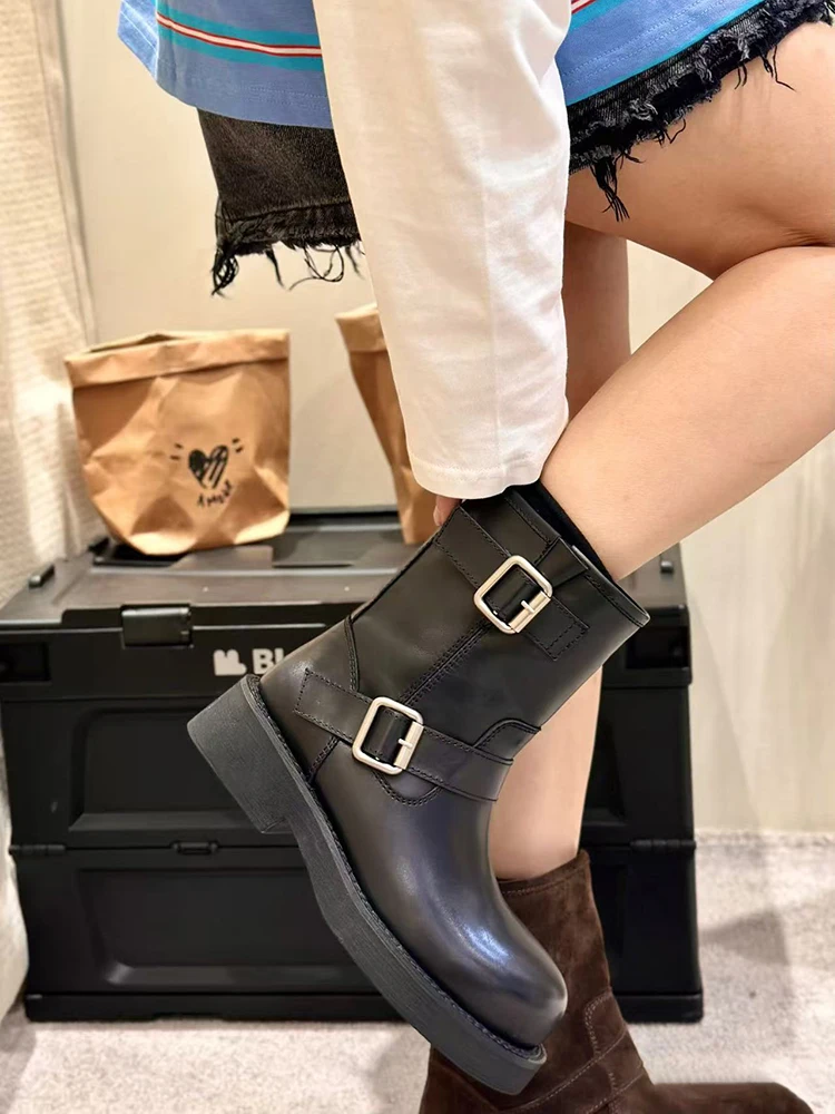 

Briti Sle eepskin Leather Thi Bot Motorcycle Boots round Toe Boots Slimming ort Boots for Women Belt Bule