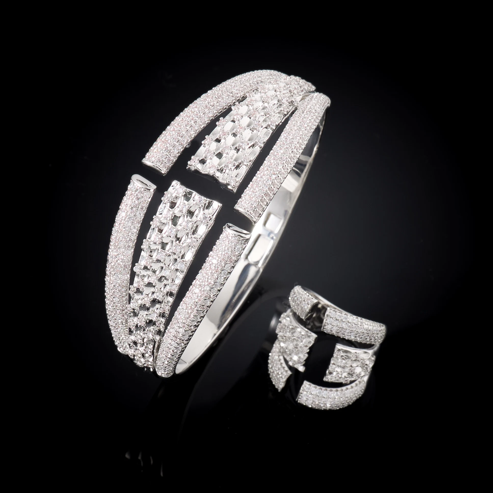 014477 Luxury Dubai Style Plated Bangle Ring Set For Women Pave Cubic Zirconia Arabic Islamic Wedding Eid Bridal Statement Jewel