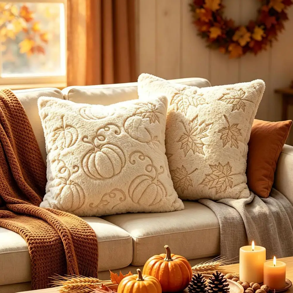 Plush Throw Pillow Covers Autumn Decorative Cushion Cases Fall Plush Cushion Cover Pumpkin Embroidery Throw for Thanksgiving