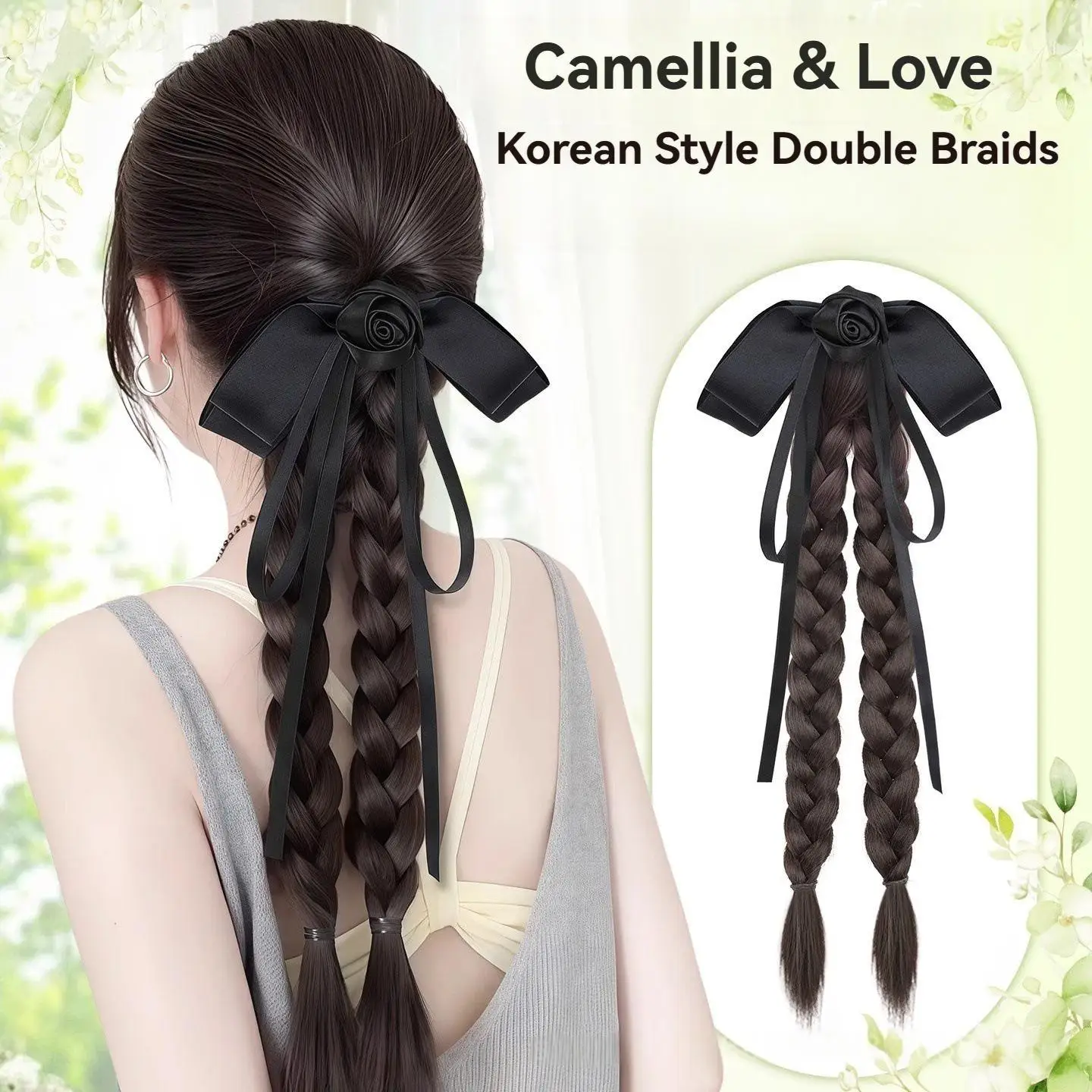 

Double Braided Wig Braid Hair Claw Clip Synthetic Chinese Style Hair Bun Grasp with Ribbon Bow Fake Hair Braids Hair accessories