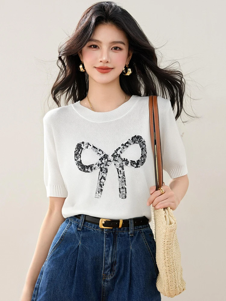 T-shirt girocollo con fiocco maglione lavorato a maglia a maniche corte per le donne 2025 estate nuova moda casual top versatili