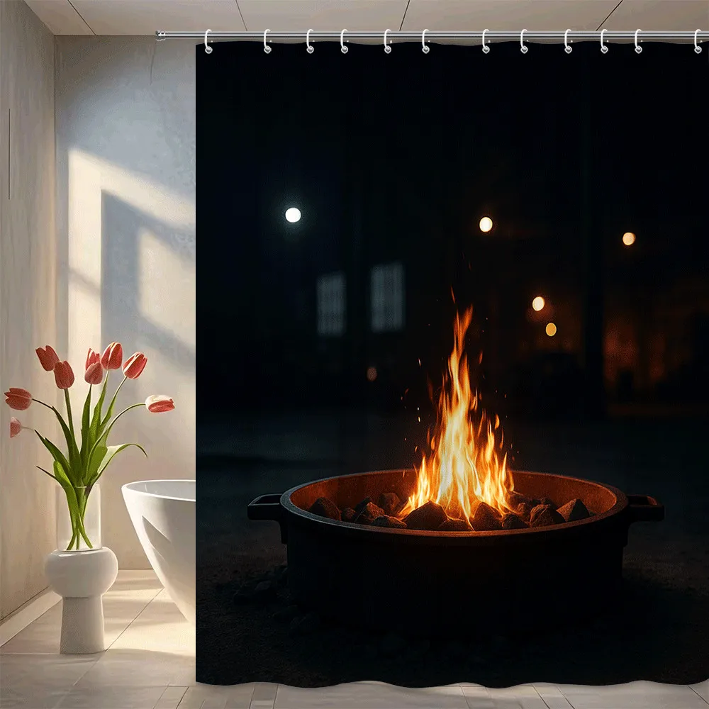 Cozy Fire Pit Campfire Night Scene Shower Curtain Machine Washable All Season Waterproof Privacy Protection Elevate Your Space