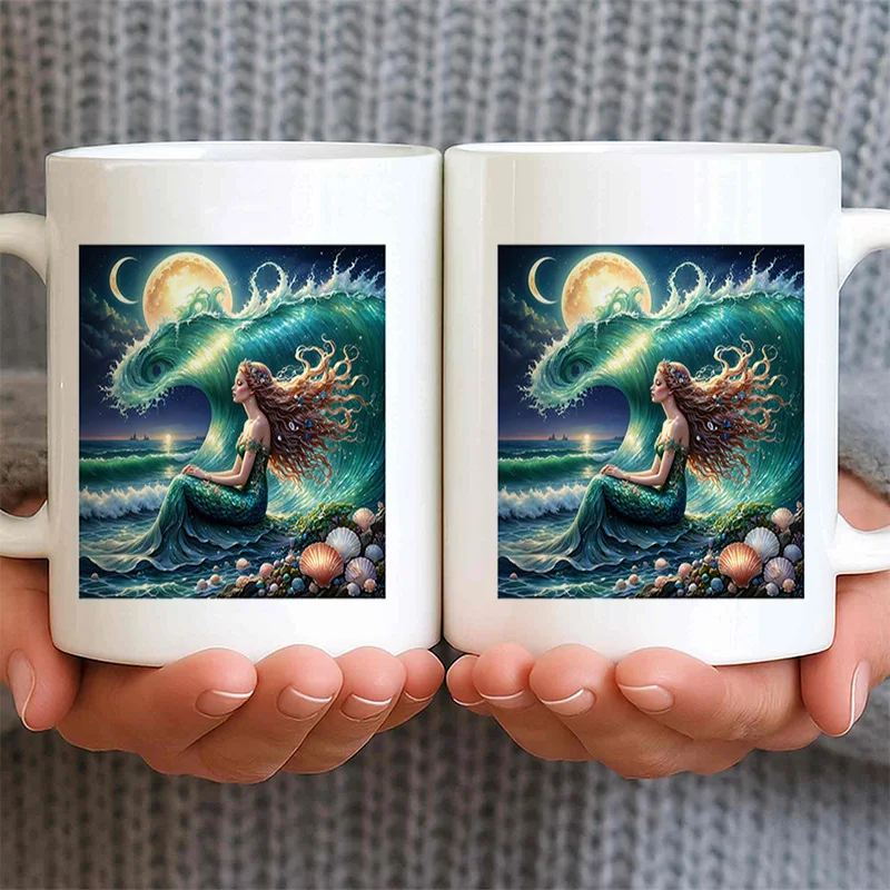Mermaid Moon Wave Colorful Print Ceramic Coffee Mug 11oz 350ml Personalized Custom Cute Aesthetic Microwave Safe Birthday Gift O