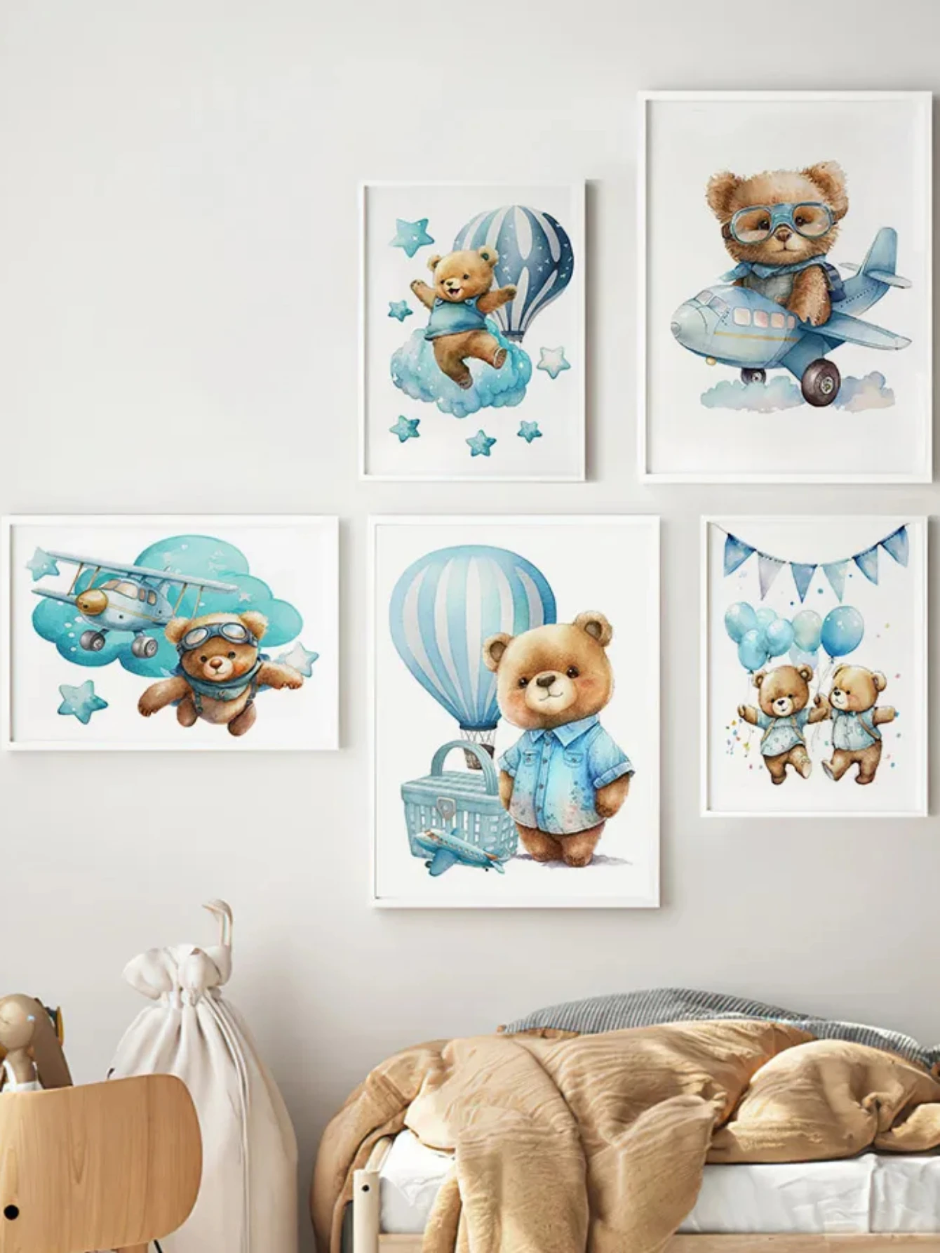 Cute Bear Airplane Hot Air Balloon Cloud Star Animal Nursery Set Wall Art Prints Canvas PaintingPoster  Pictures Kids Room Decor