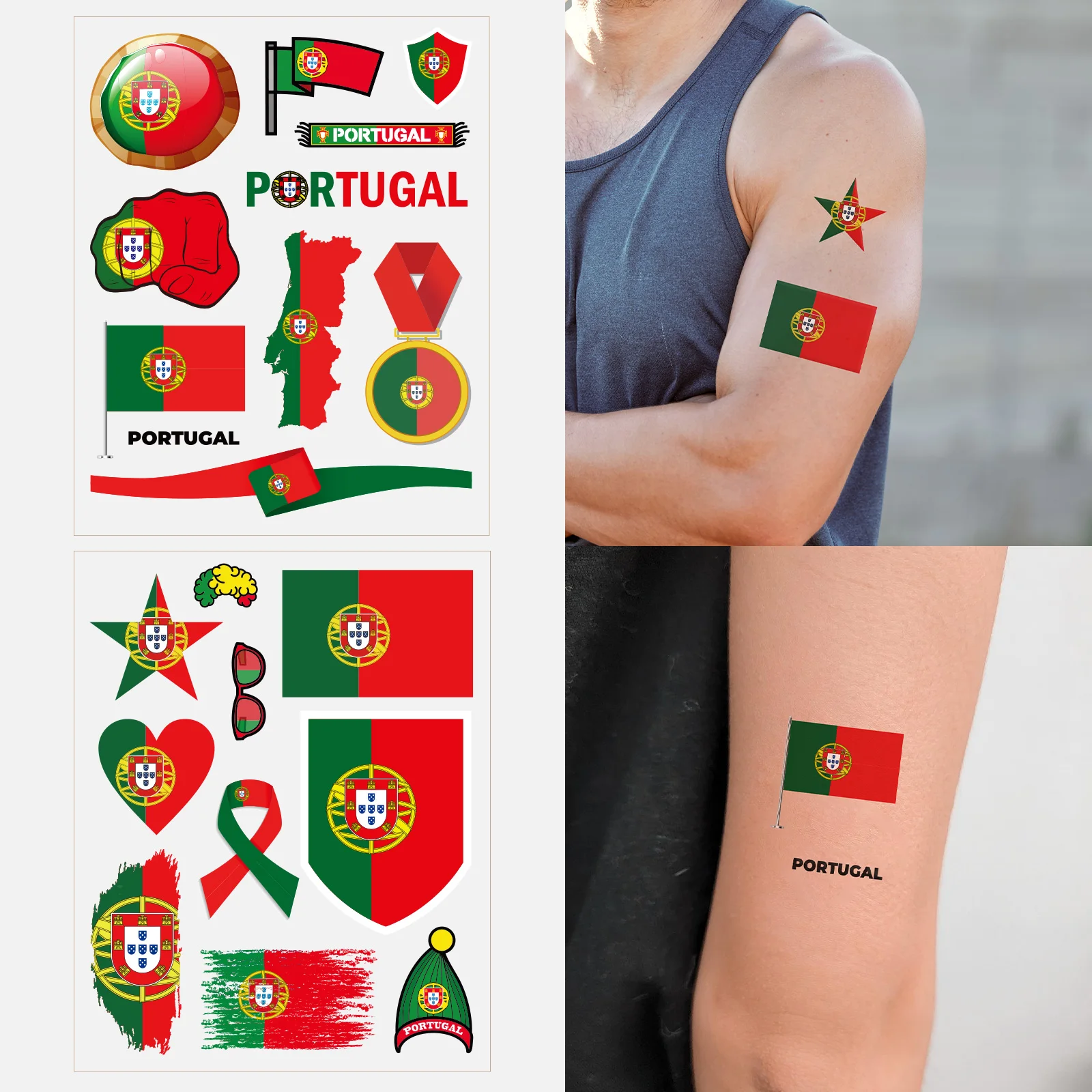 

2 шт., временные татуировки с национальным флагом Португалии, наклейки I Love Portugal Designsn, водонепроницаемая поддельная татуировка для женщин и мужчин, вечерние