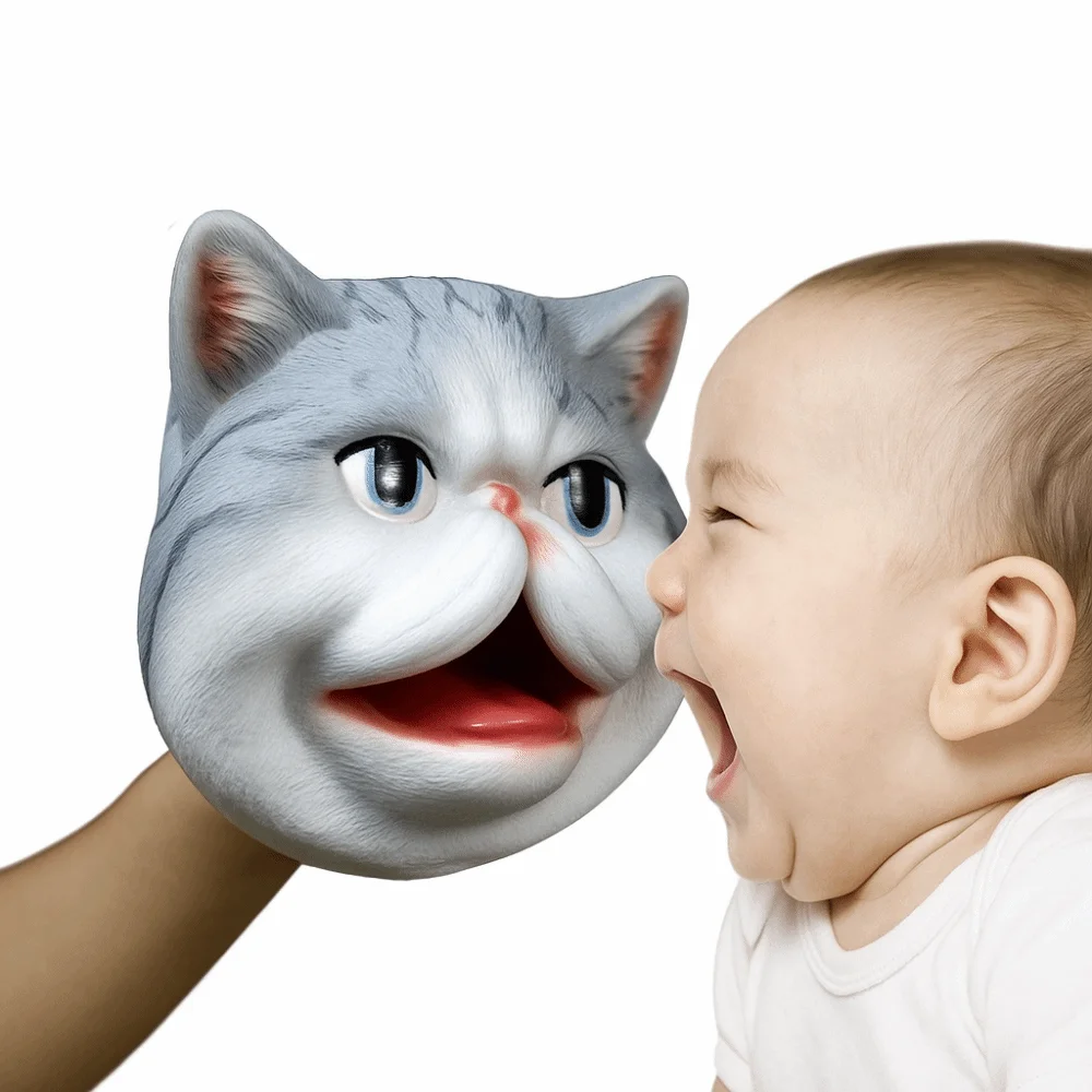 Vinyl Animal Head Hand Puppet Soft Simulation Cat Figure Toys Gloves Interactive Storytelling Pet Cat Head Model Toy