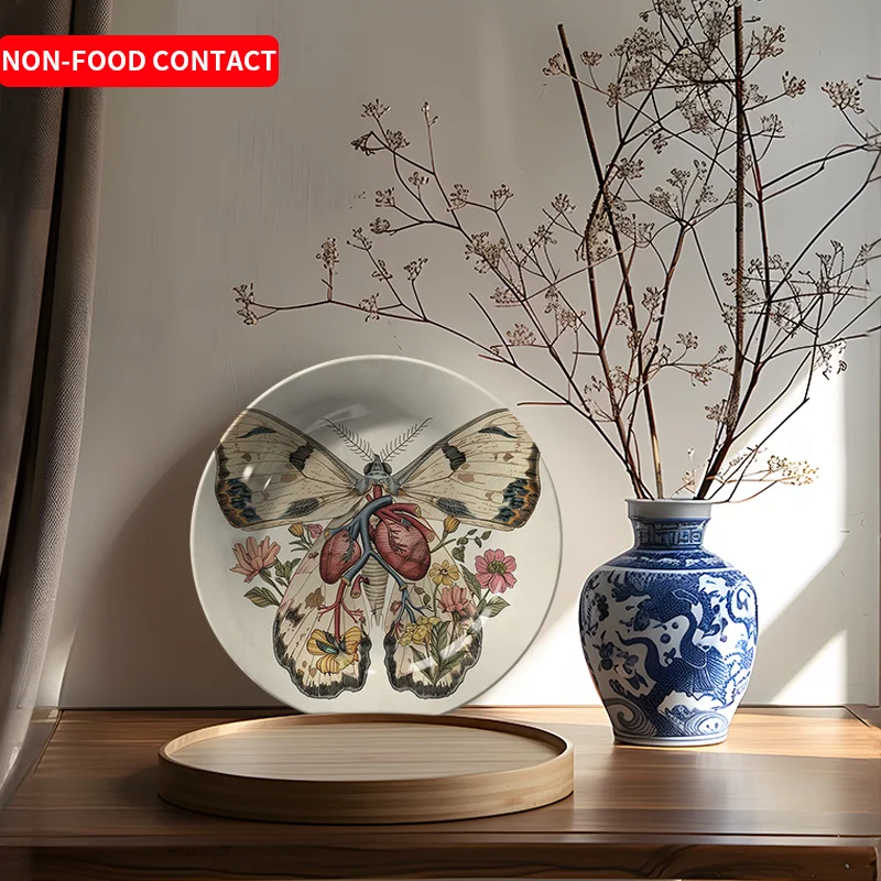 1pc Art Deco Butterfly Anatomy Ceramic Plate - Heart & Lungs Design with Floral Accents, Non-Food Contact Decorative Display