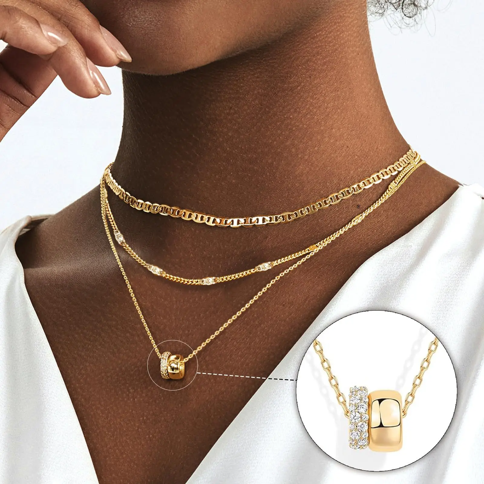 14K Gold Jewelry Set Cubic Zirconia Necklace 3PCS Stackable Minimalist Dainty Layering Chain Gift for Her