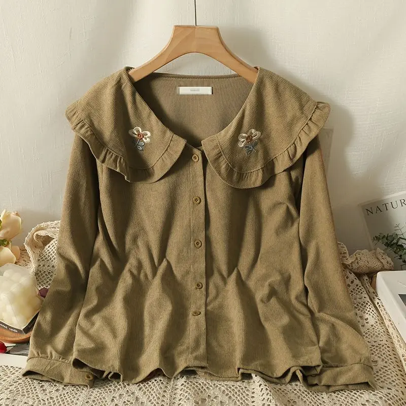

Gagarich Mushroom Embroidered Doll Neck Shirt Women Spring 2025 New Corduroy Shirt Loose Long Sleeve Bottom Blouse Top