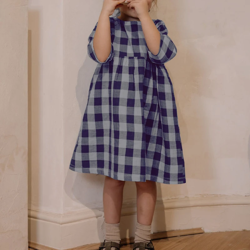 100% Muslin Cotton Girls Retro Blue Plaid Dress 2024 Summer New Baby Girl Flowy Loose Soft And Comfortable Short Sleeved Dresses