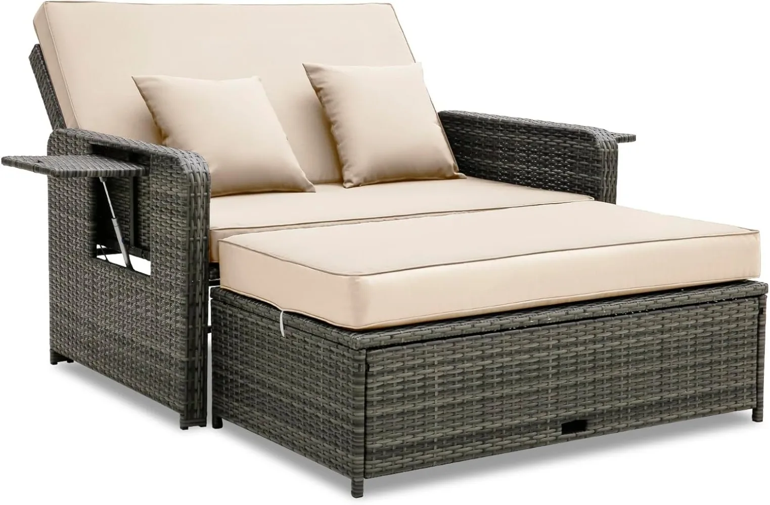 

Wicker Patio Outdoor Daybed，Rattan Day Bed Lounger with Loveseat & Storage Ottoman, Sunbed Sofa Set, 4-Level Adjustable Backrest