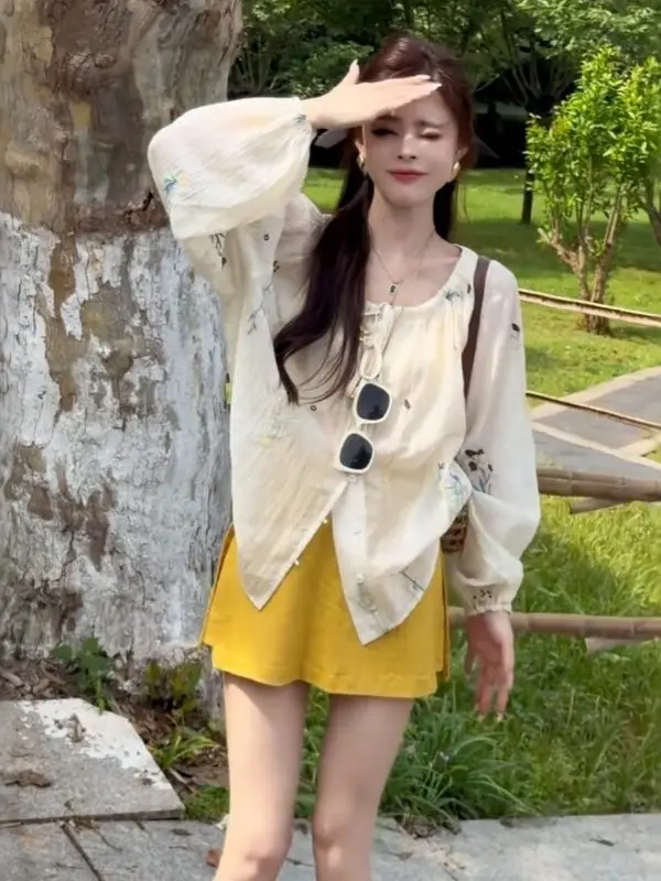 

Korean Style Embroidered Thin Long Sleeve Shirt Women's Spring Summer New Loose Slimming Casual Holiday Top Female Fashion