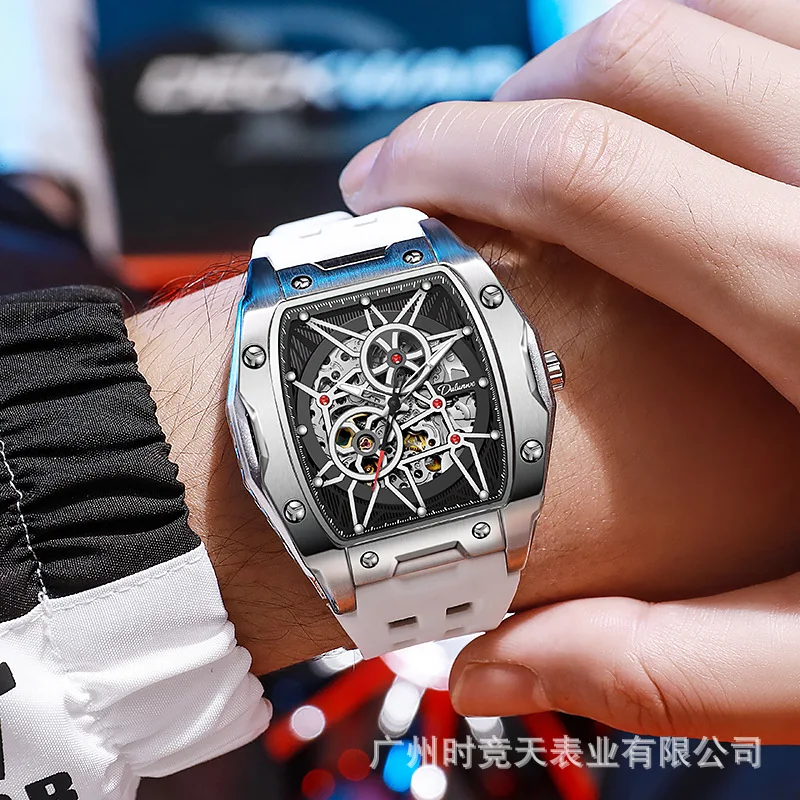 Stainless Steel Tonneau Full Skeleton Silicone Strap Luminous Waterproof Self-Wind Automatic Watch for Men