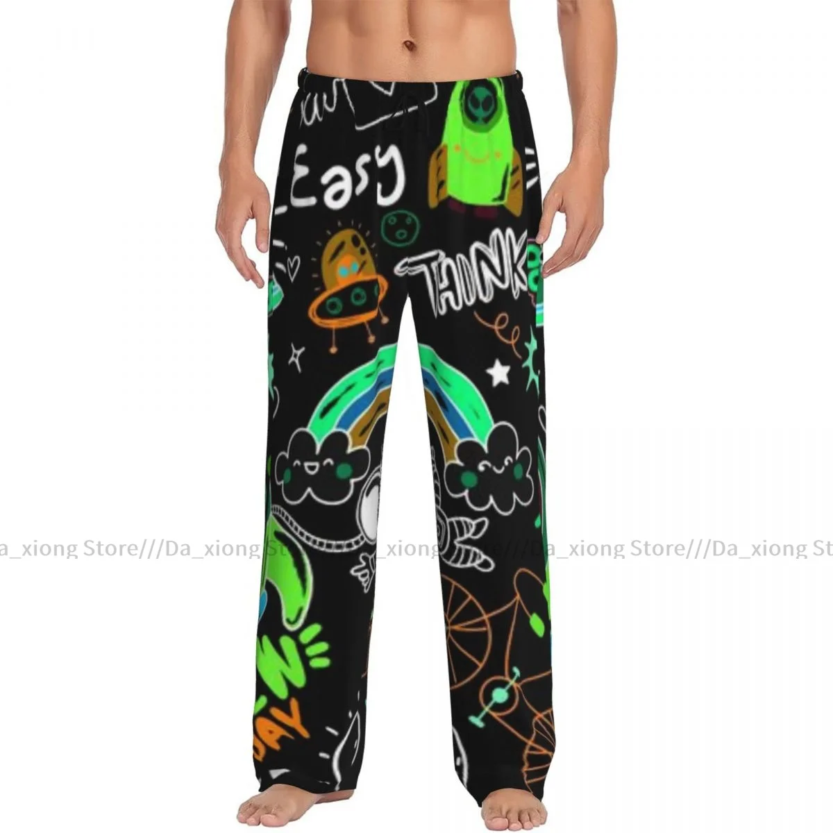 Men's Sleepwear Loose Sleep Pants Pajamas Cute Hand Drawn Doodle Set Long Lounge Bottoms Casual Homewear