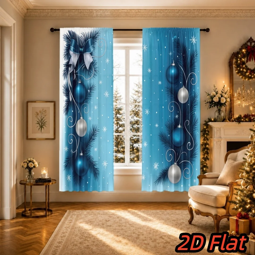 2PCS Christmas Curtains, Blue Silver Bauble Dark Pine Branch Bow, Digital Print, Bedroom Living Room, Rod Pocket, Home Decor