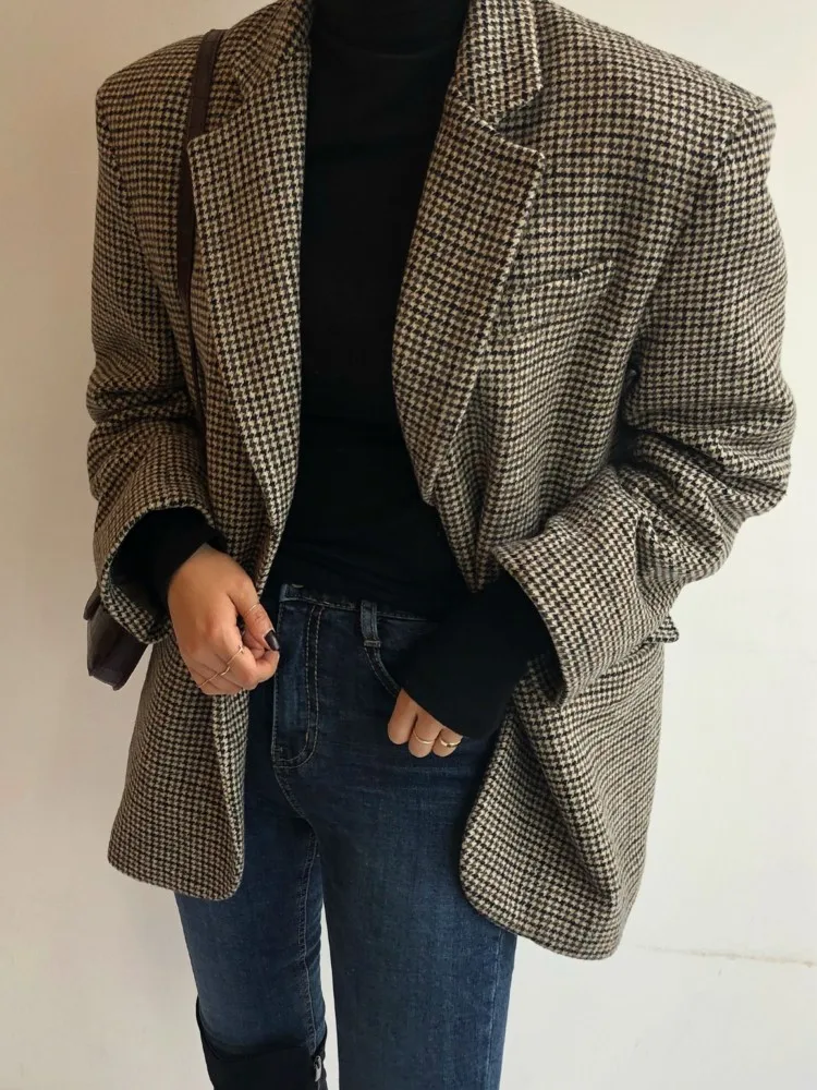 

Женская осенняя корейская свободная куртка, клетчатый пиджак с поясом, элегантный модный женский пиджак, вечерние деловые рабочие костюмы, пальто, новинка