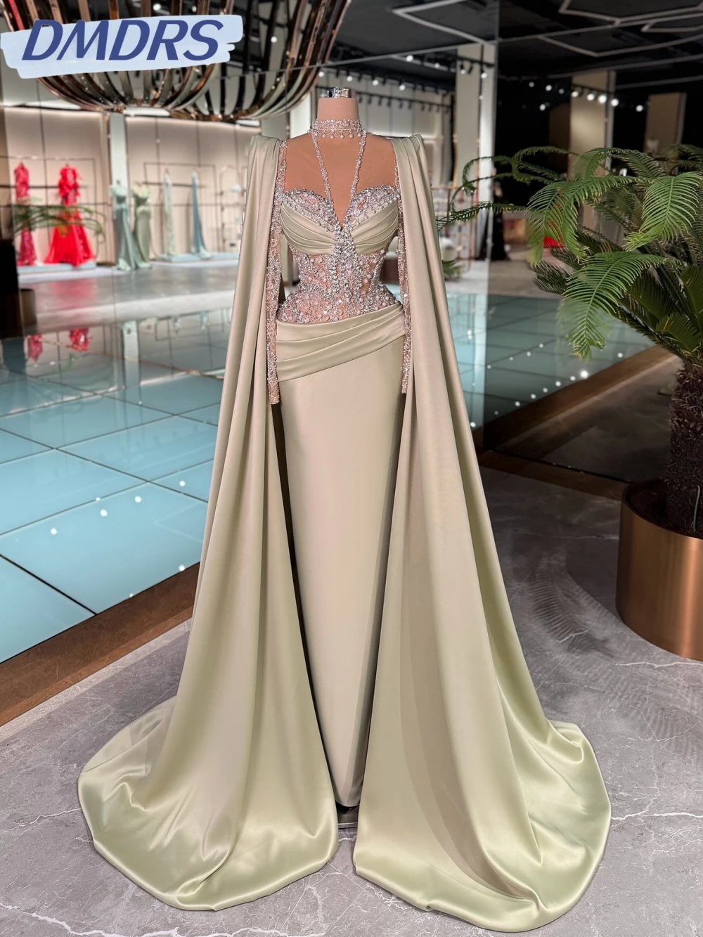 

Shimmering Luxury Pearls Crystal Evening Dress Dreamy Satin Straight Long Wedding Party Gown Customized Cape Sleeve Prom Dresses