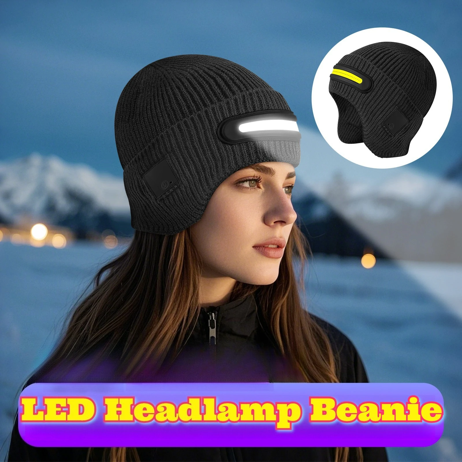 

Bright LED Headlamp Beanie Warm Ear Protection Knit Cap Night Running Outdoor Camping Winter Sports Christmas Gifts Cold Weather
