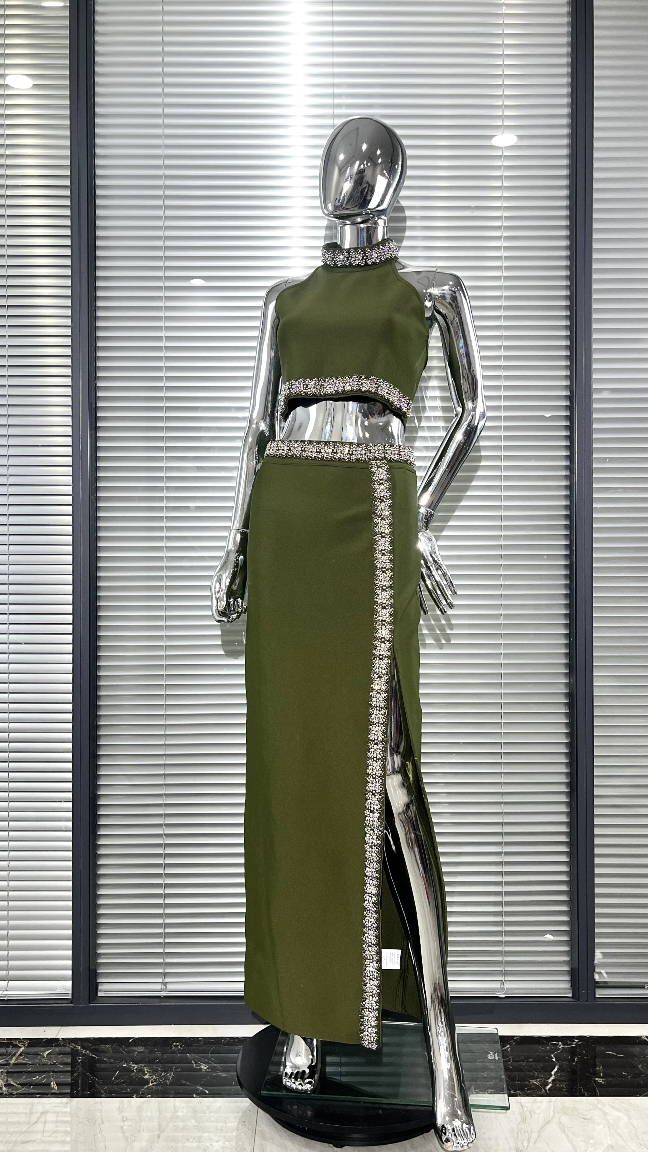 2025 elegante expor wasit mulher conjunto diamantes brilhantes regata curta e fenda saia longa 2 peças vestido de festa à noite