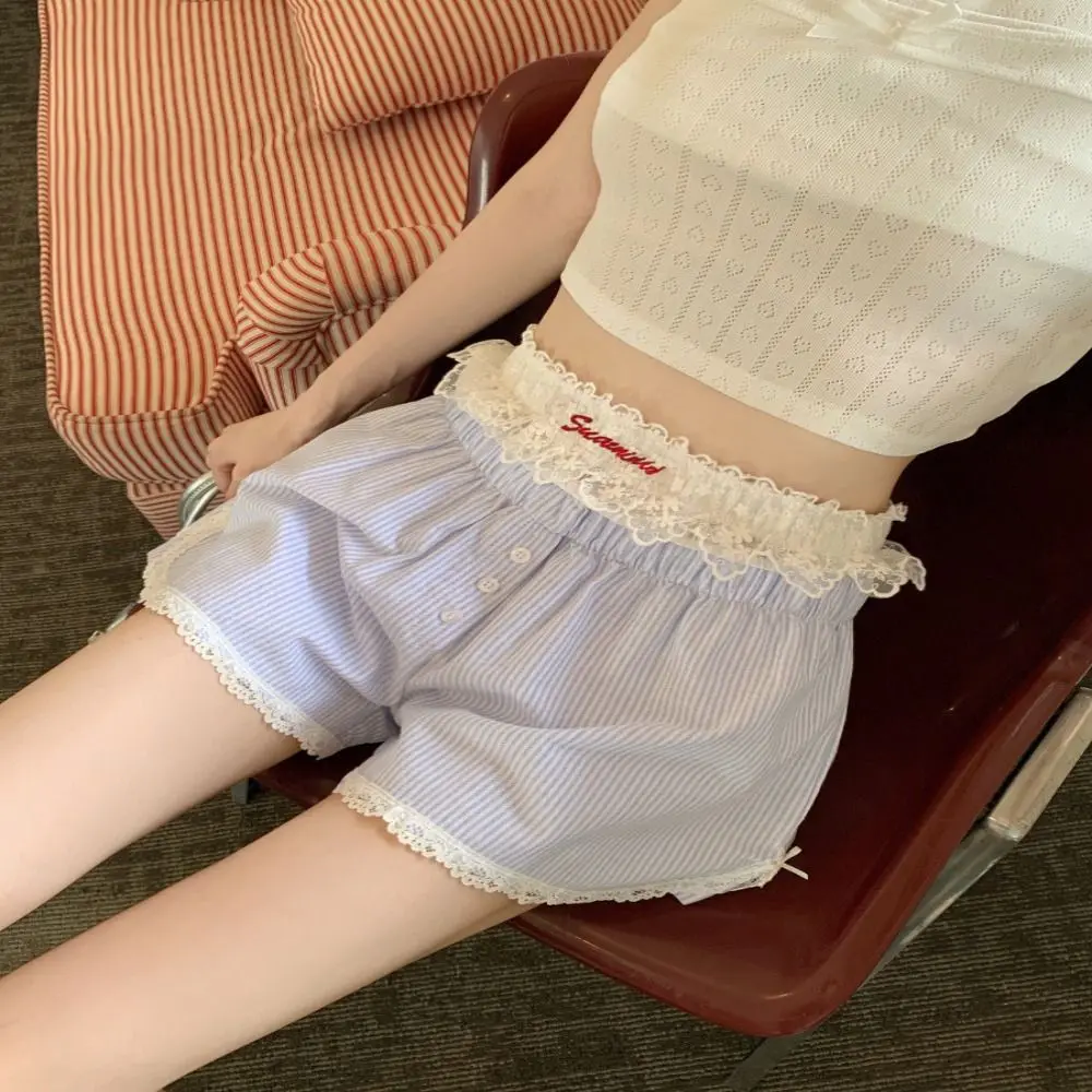 Cute Summer Striped Shorts Blue Pink Lolita Elastic Waist Shorts Button Embroidered Lace Shorts For Women Girl