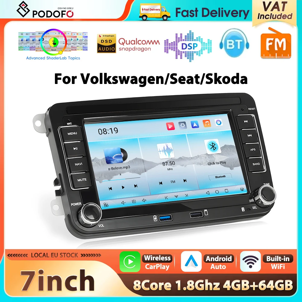 Autoradio Podofo 4+64G 7'' per VW/PASSAT/TOURAN/GOLF, Lettore Multimediale 8Core Qualcomm, Carplay, Android Auto, DSP, RDS, BT, Audio per Auto