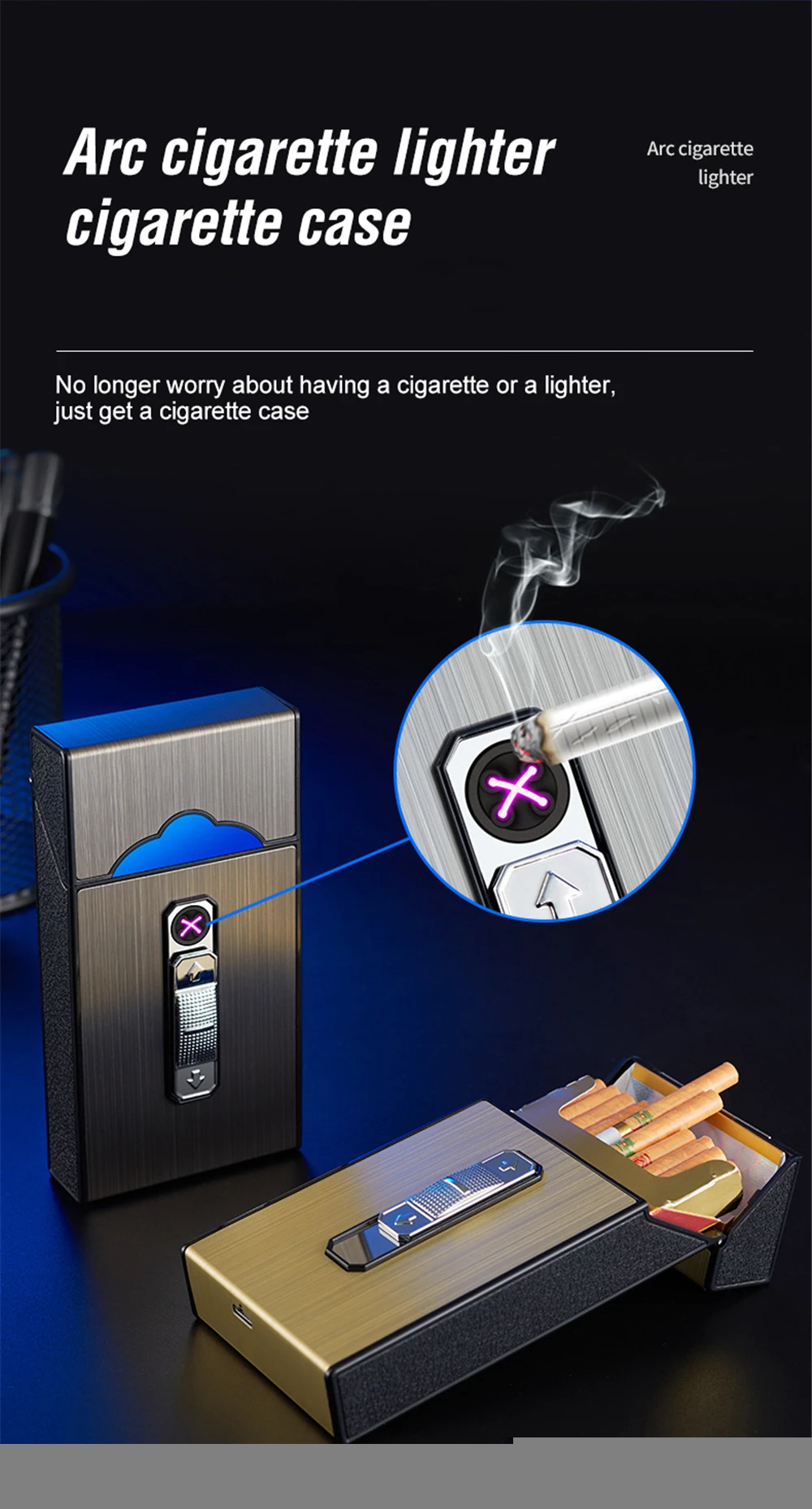 Waterproof 20 Slim Cigarettes Box Built-in Double Arc Lighter USB  Rechargeable Smoking Case Multifunctional Men Gift