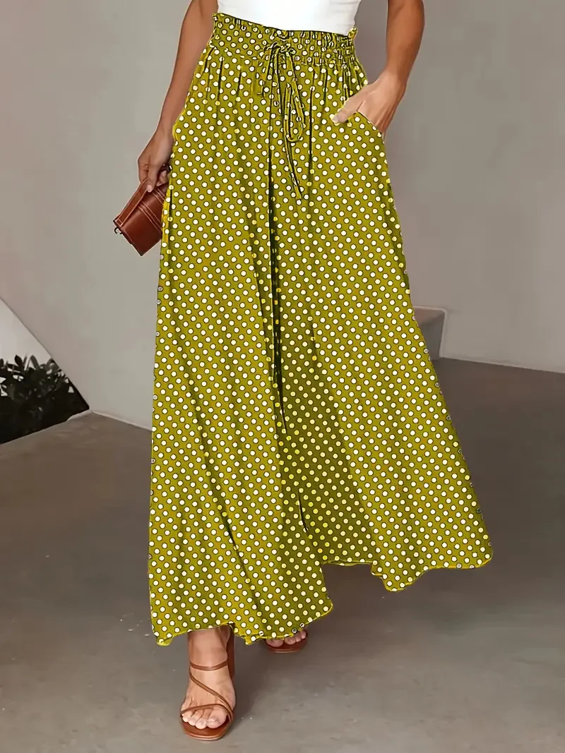 Women's Polka Dot Wide Leg Pants Fashion High Waist Drawstring Flowy Palazzo Trousers Side Pockets Casual Summer Culottes