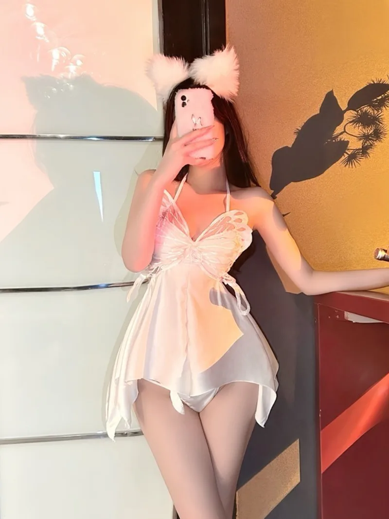 

Exotic Summer Fashion Women's Clothing Hanging Neck Butterfly Collar Solid Color Silk Smooth Satin Sweet Cute Elegant Dress EFSU