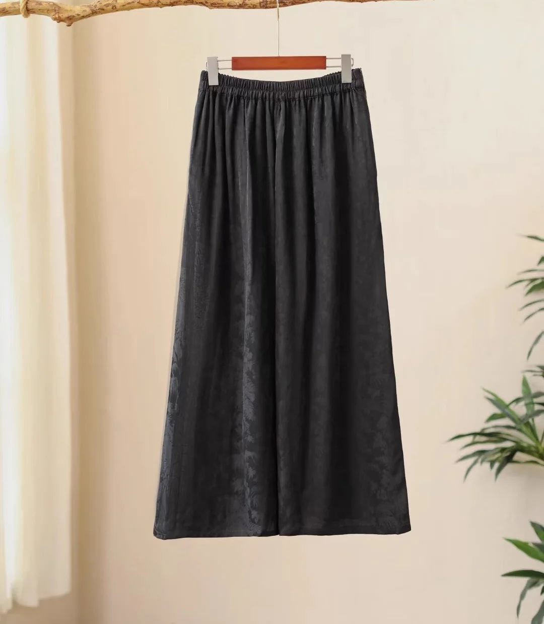 Vintage Wide leg pants national style embroidery trousers jacquard black pantskirt Linen natural silk elastic waist pants