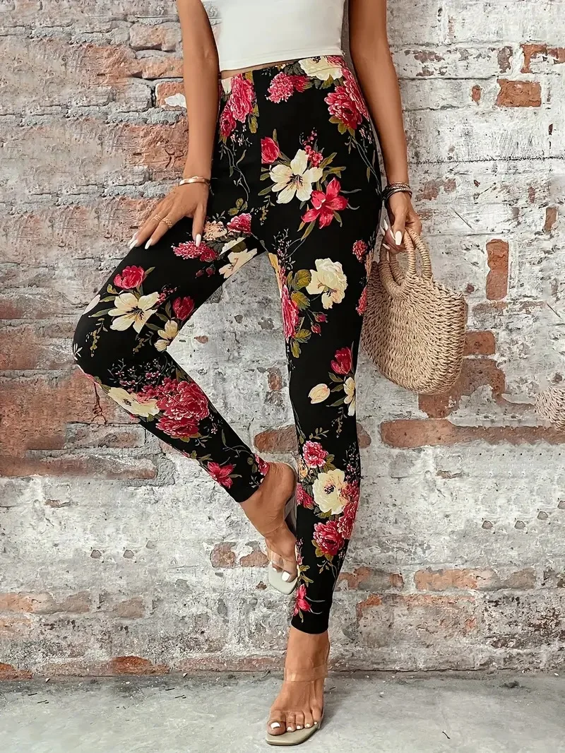 Floral print casual hip lift elastic elastic waist tight-fitting daily wear travel working women\'s leggings