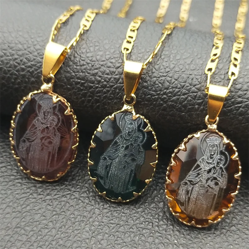 Virgin Mary Baby Jesus Oval Glass Pendant Necklace for Women Men Stainless Steel Gold Color Catholic Mother Mary Chain Jewelry - view 5