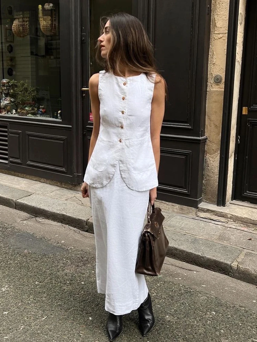 Bornladies Summer Slim White Cotton Two Piece Set Women Outfit 2023 Elegant Sleeveless Tops With High Waist Long Skirts Sets