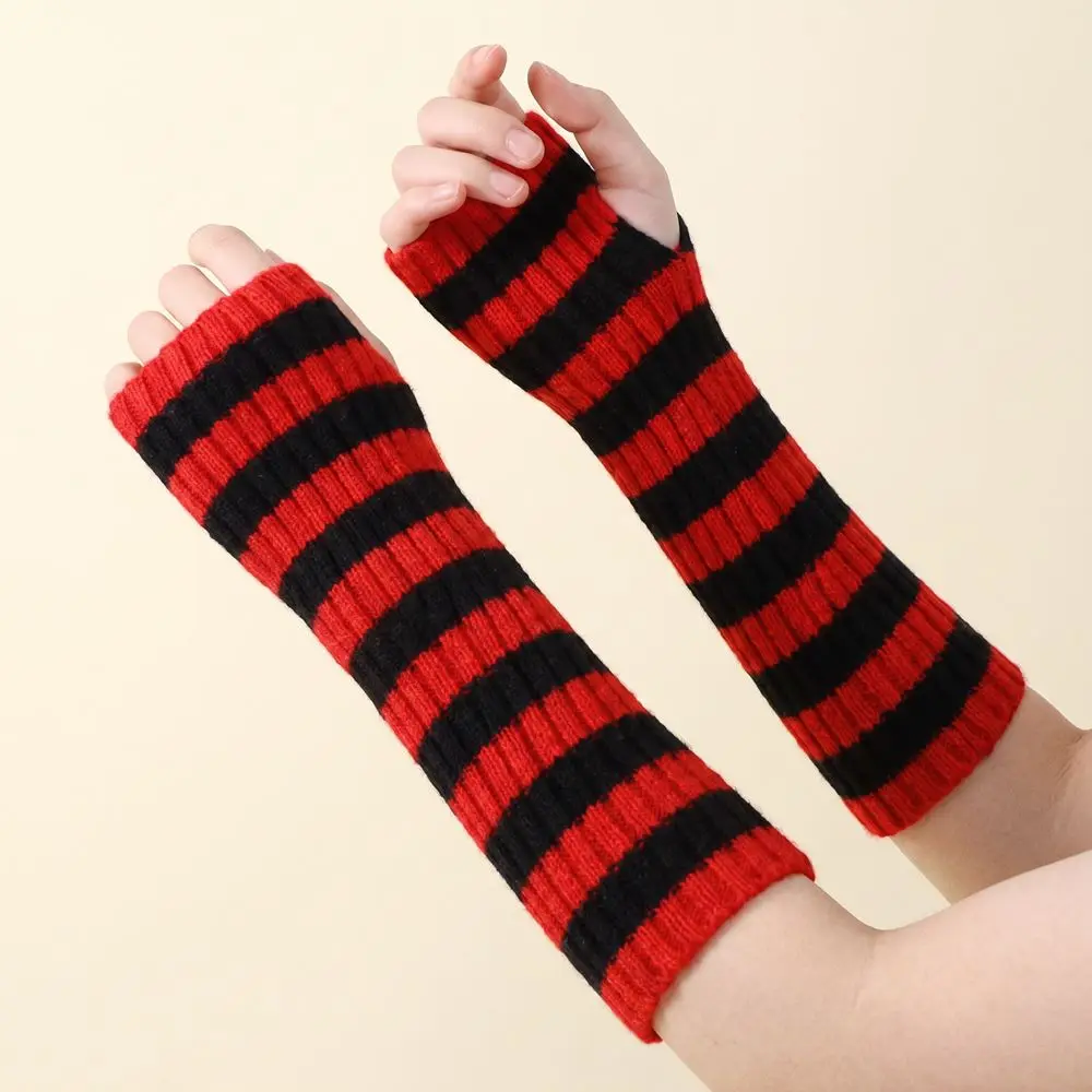 Arm Cover Y2K Striped Knitted Arm Sleeves Long Lolita Fingerless Arm Warmers Gothic Style Sweet Arm Warm Gloves Girl