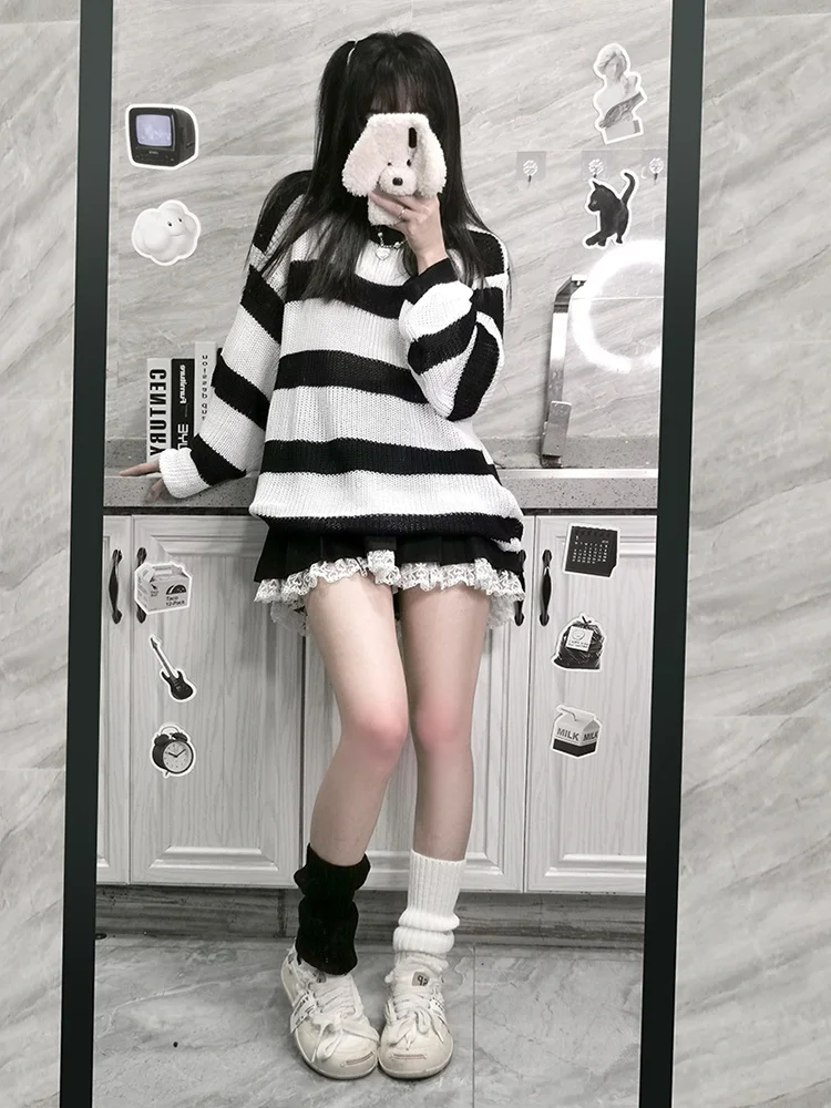 

Новый модный женский свободный свитер в полоску с круглым вырезом и длинными рукавами, осенний топ с дизайном «Морская луна», вязаный, в стиле кэжуал