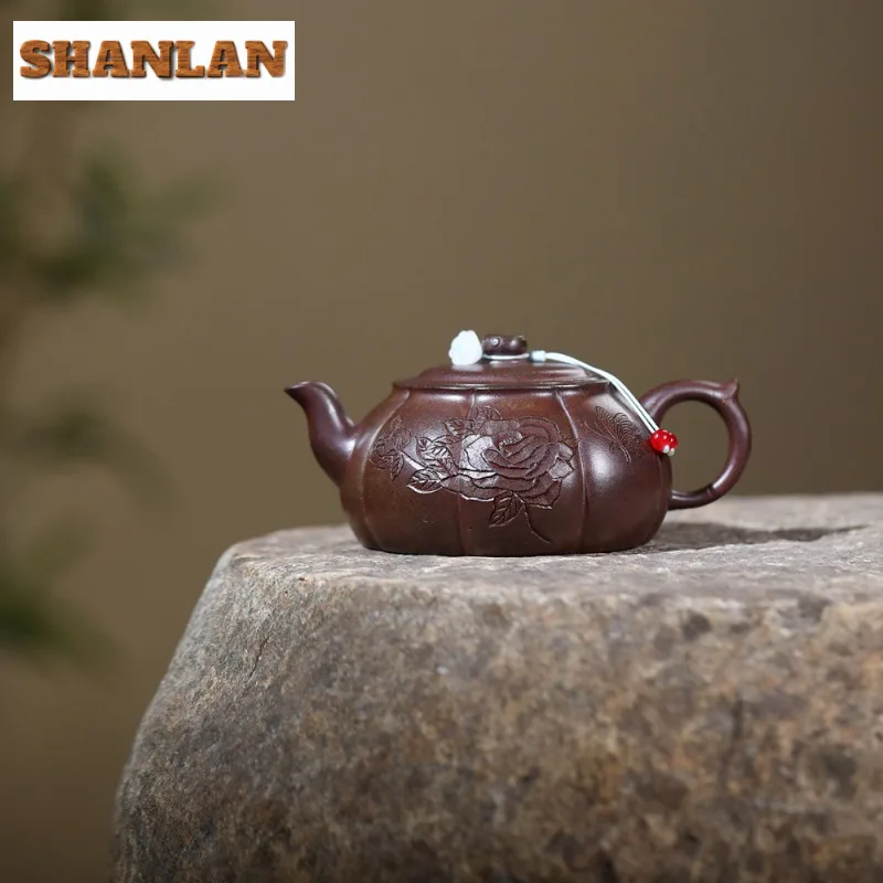 

200ml Antique Yixing Purple Clay Teapots Handmade Peony Pot Raw Ore Wood-fired Porcelain Mud Kettle With Filter Zisha Tea Set
