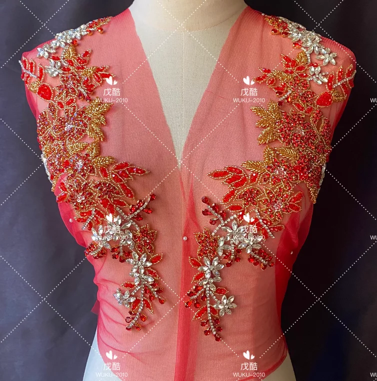 Heavy industry bead embroidery rhinestone wedding dress color decorative applique hand beaded mesh crochet flower.